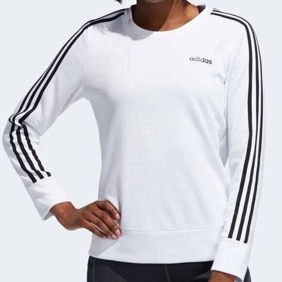 Adidas 3 Stripe Crew Sweatshirt Womens S Small White Black Climalite Long Sleeve - Picture 1 of 13